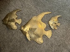 Set Of 3 Vintage MCM Solid Brass Tropical Fish Hanging Wall Art Angel Sunfish  picture