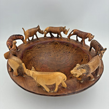 Vintage Kenyan Hand Carved Wood Safari Animal Bowl Folk Art 8 Animals 11in picture