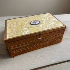 Vintage Brass Musical Ballerina Jewelry Box Gold Filigree MOP Style Inlay Velvet picture