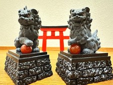 Japanese Komainu Guardian Lion Dog Pair Torii Gate Statue Miniature Shrine Decor picture