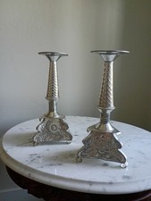 VTG SALEY Mexican Folk Art PAIR Candlesticks HandPunched Hojalata SILVER TIN MCM picture