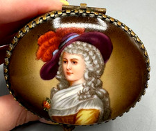Antique French Ormolu Trinket Box Hand Painted Porcelain Portrait Basketweave picture