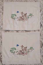 2 Vtg Pillow Cases Hand Painted Deer Flowers White Farmhouse Cottage Core 30x19 picture