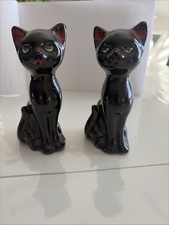 Vintage MCM Black Cat Redware Ceramic Figurine Lot Pair 4.75” Japan 1950s Spooky picture