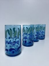 Vintage MCM Juice Drinking Glasses Blue w/Ombre Tulip Flowers 4pc Set Retro Aqua picture