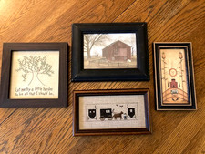 Lot of 4 Framed Primitive Americana Folk Art Cross Stitch Barn Country Decor picture