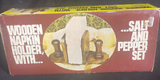  Salt & Pepper Shakers WoodenWith Wood Napkin Holder Set Unused New Old Stock picture