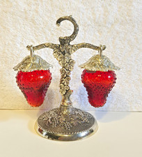 Vtg Cadmium Glass GLOW Strawberry Hanging S & P Shaker Set Japan with stickers picture