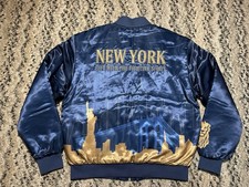 Modelo NYC Satin Bomber Jacket Blue Gold Skyline Statue of Liberty RARE SAMPLE picture