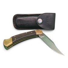 Vintage 1987 Buck 110 Folding Hunter Knife 4 Pin Wood Handles w/ Leather Sheath picture