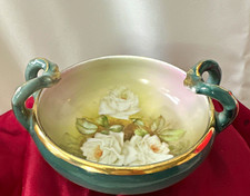 Antique Hand Painted Porcelain Console Bowl Teal Green Pink White Roses Gold picture
