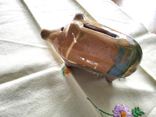 Antique Yellow Ware Pottery Drip Glaze Piggy Bank-1880'S TO 1900 Tan/Green Blue picture
