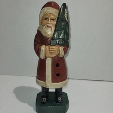 Old World Santa Claus Wooden Rustic Holding Tree Christmas 10” picture