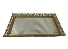 VTG Rectangle Mirror Vanity Tray Ornate Display Goldplated Filigree Border 15x9 picture