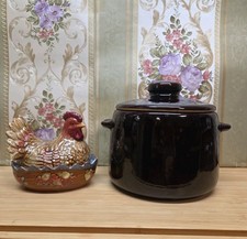 Vintage West Bend Bean Pot  Stoneware With Lid USA+ Nesting Hen Sugar Bowl Lot2 picture