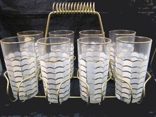 EHI VTG MCM 1960's HIGHBALL GLASSES GOLD RIM WAVE PAT & ORIG WIRE CARRIER RACK picture