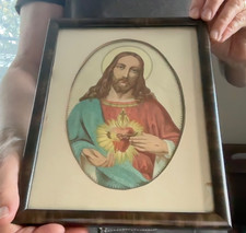 VTG Medium Wood Framed Lithograph Print Sacred Heart Of Jesus Oval Mat READ picture