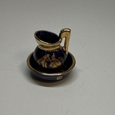 Cobalt Blue Limoges France Castel 22K Gold Mini Miniature Pitcher & Dish 1.75” picture