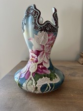 Antique Nippon Raised Moriage Floral Porcelain Vase 6-8”T. picture