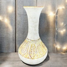 Stoneware Pottery Bud Vase Narrow Neck Brown Leafs Pattern Vase Vessel Decor VTG picture