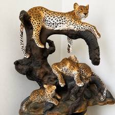 Huge Vintage Leopard Family Sculpture Mama & Cubs Tree 16” Resin Wildlife Statue picture