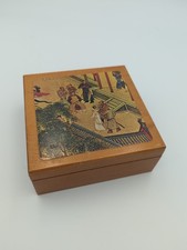 Vtg 70s 80s Chinoiserie Wooden Coasters Set Felt Backed Asian Camp Scene Boxed picture