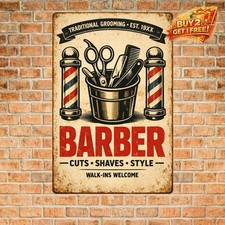 Retro Barber Shop Tools Metal Sign Vintage Grooming Salon Wall Art 8x12 picture