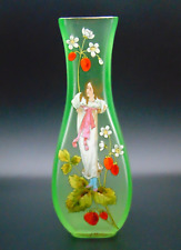 Fritz Heckert Art Nouveau Satin Vaseline Enameled Strawberry Girl Glass Vase picture