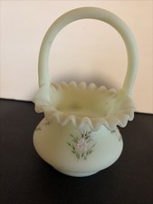 Fenton Custard Ruffle Basket Vase W/ Pink Blossoms (Glows) picture