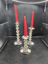 Vtg Set of 3 Silverplate Swirled Wire Candlestick Holders Tapered w Box & Candle picture