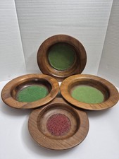 Carved Wood Church Offering Plates Set Of 4 VTG Felt Lined Collection Bowl Alms picture