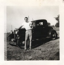 Handsome Beefy Man Posing w/ Classic Car Hot Rod Automobile Photo Snapshot Vtg picture