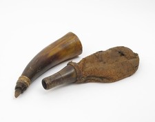 Antique Early 1800's Powder Horn and Animal Pelt Shot Pouch picture