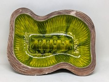 Vintage MCM Atomic Boomerang Ceramic Ashtray Green Glaze Faux Wood Grain 10in picture