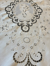 Antique White Linen Embroidered Cutwork Cameo Figural Lace Tablecloth 85 x 102 picture