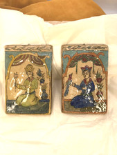 Pair Antique PERSIAN QAJAR FIGURAL POTTERY TILES Hand Painted BIRDS 19th Century picture