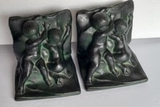 2 Ea pr - Antique Black & Verdigris Art Nouveau Metal Nude Cherub Bookends picture