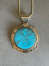 Unused Large Navajo Sterling Silver and Turquoise Pendant on Chain J Piaso Jr picture