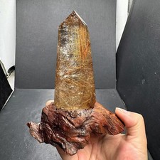 250g Natural Rutilated Quartz Obelisk Crystal Mineral Reiki Decor+ Stand picture