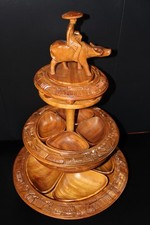 vintage mid-century hand-carved monkey pod wood 3-tier rotating lazy-susan  picture