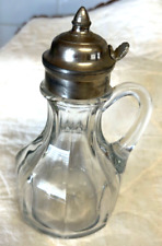 Glass Syrup Pitcher with Hinged Metal Dome Lid Heavy 1940's Era Antique picture