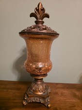 Vintage Amber Crackle Glass Urn Jar Fleur De Lis Metal Lid Pedestal Base Tuscan picture
