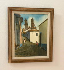 Framed Mexican Street Scene Art Print with Twin Church Towers picture