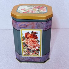 Decorative Octagonal Tin Box Floral Winter Child Graphic Hinged Lid USA Vtg picture