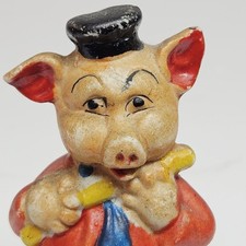 Vtg Three Little Pigs Bisque Cartoon Chalkware Disney Fifer Pig Flute Japan picture