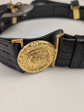 Vintage Gemsco Black Leather Sam Browne Military Belt Shoulder Strap Brass... picture