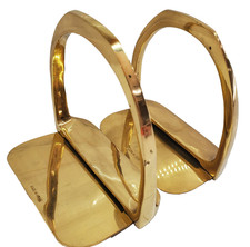 1970s Korean Solid Brass Horse Saddle Stirrup Style Bookends Set Velvet Bottoms picture