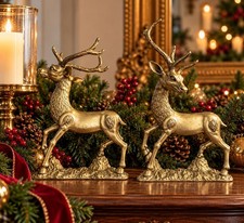 Vintage Brass Deer Statue Pair Textured Details For Christmas or Home picture
