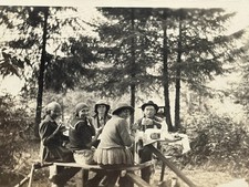 Antique RPPC Family Picnic In The Woods Men Women Real Photo Postcard picture