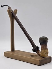 Antique C1890 German Figural Ceramic Tobacco Pipe Long Wood Stem Hinged Wind Cap picture